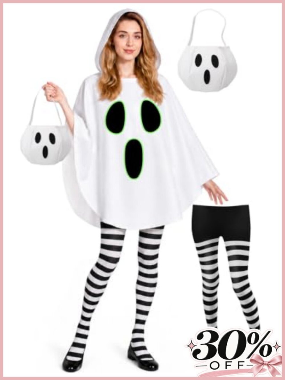 Ghost Glow in Dark Halloween Costume Women 3 Pcs Hooded Poncho Set